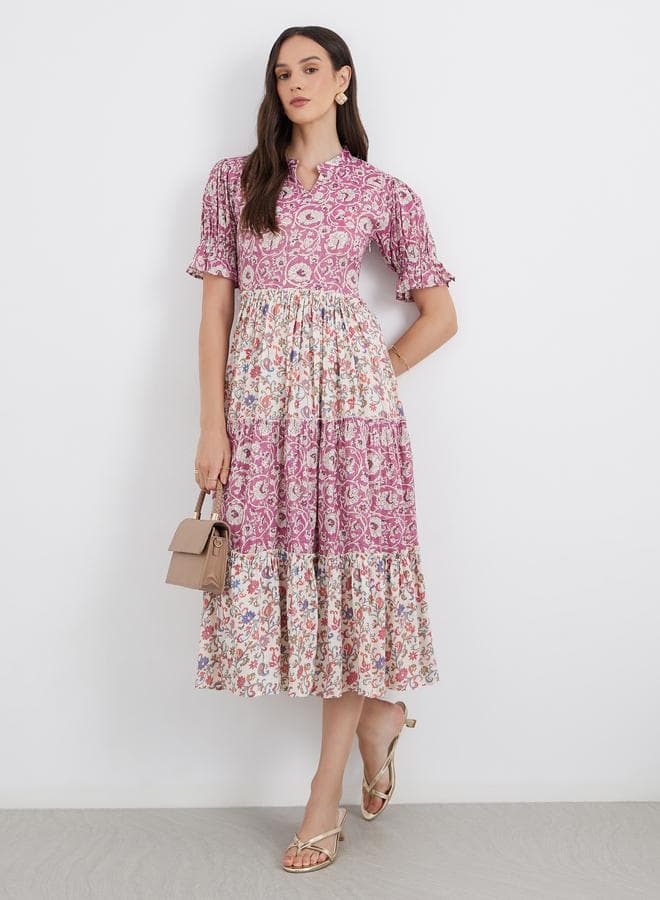 All-Over Print Tiered Midi Dress for Women - Image 1