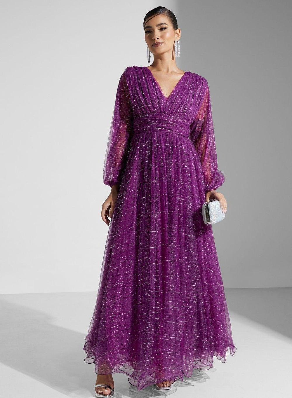 Sparkling Purple Tulle Maxi Dress with V-Neck - Image 1