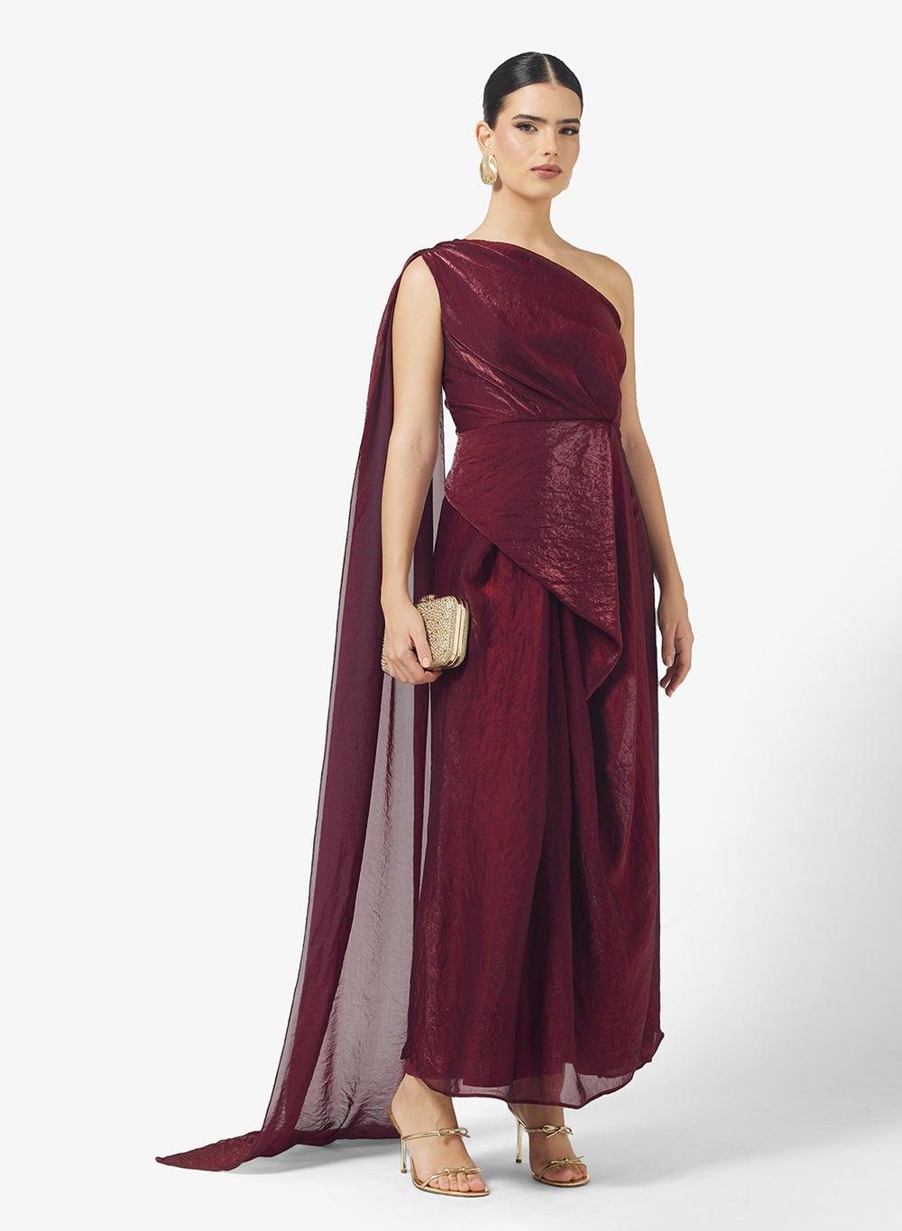 One-Shoulder Draped Maxi Dress with Cape Sleeve - Image 1