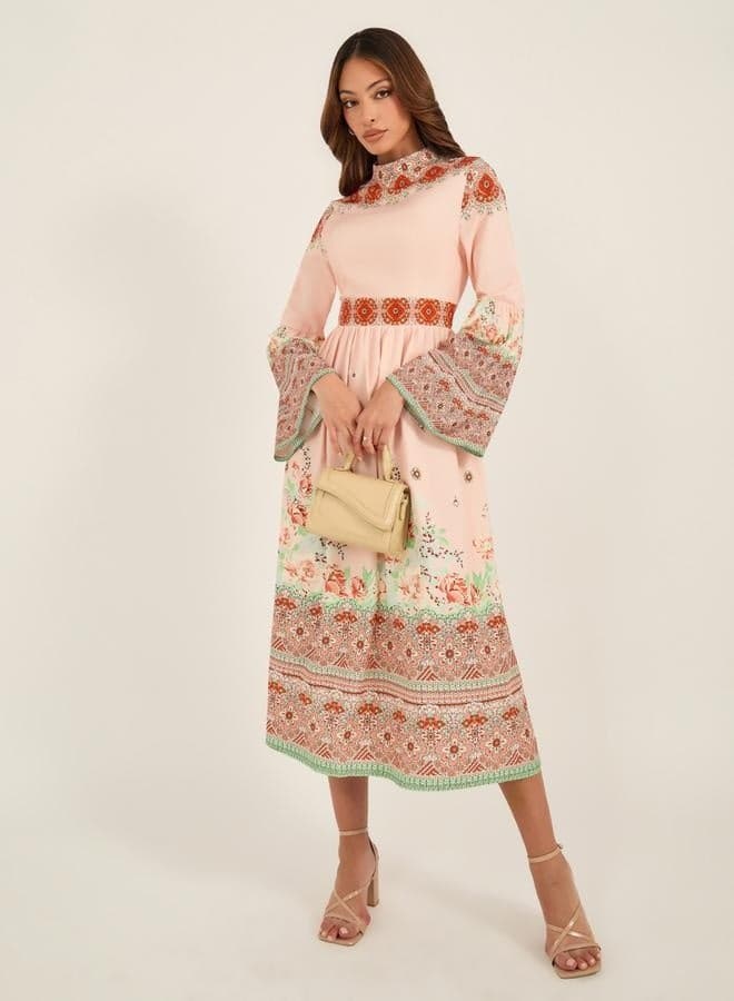 Pink Floral Midi Dress with Long Sleeves - Image 1