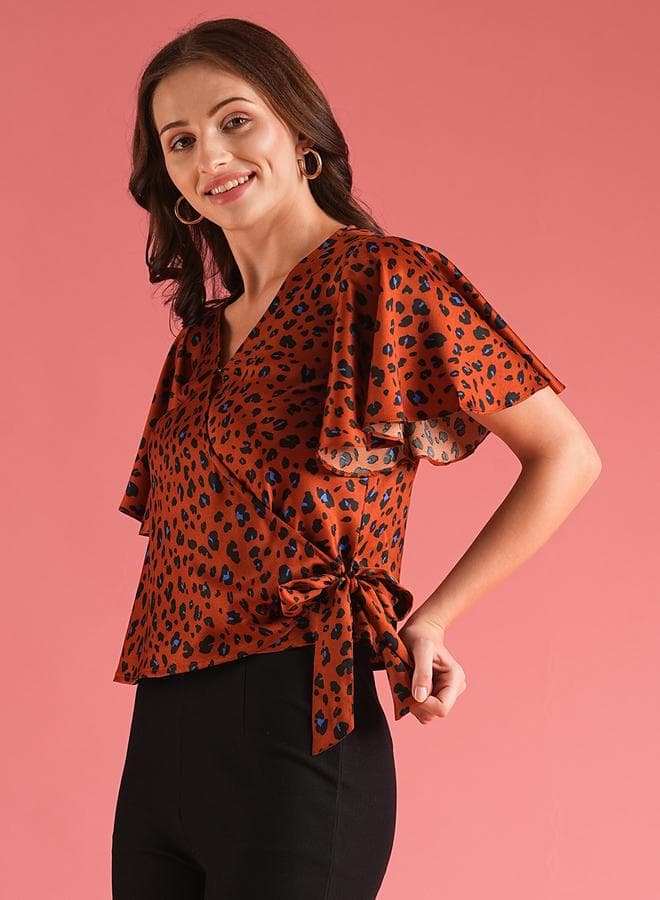 Brown Animal Print Flared Sleeve Wrap Blouse - Image 1