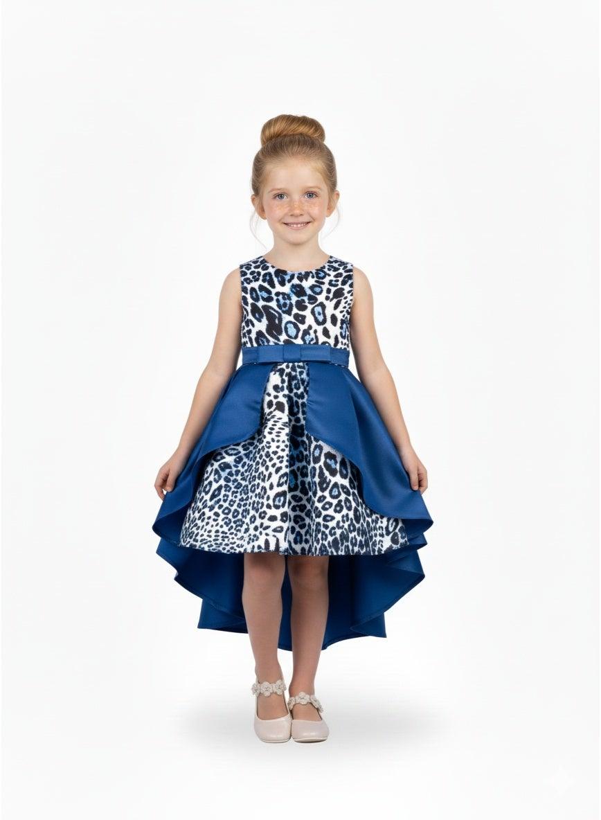 Leopard Print High-Low Girls Dress with Satin Bow - Image 1