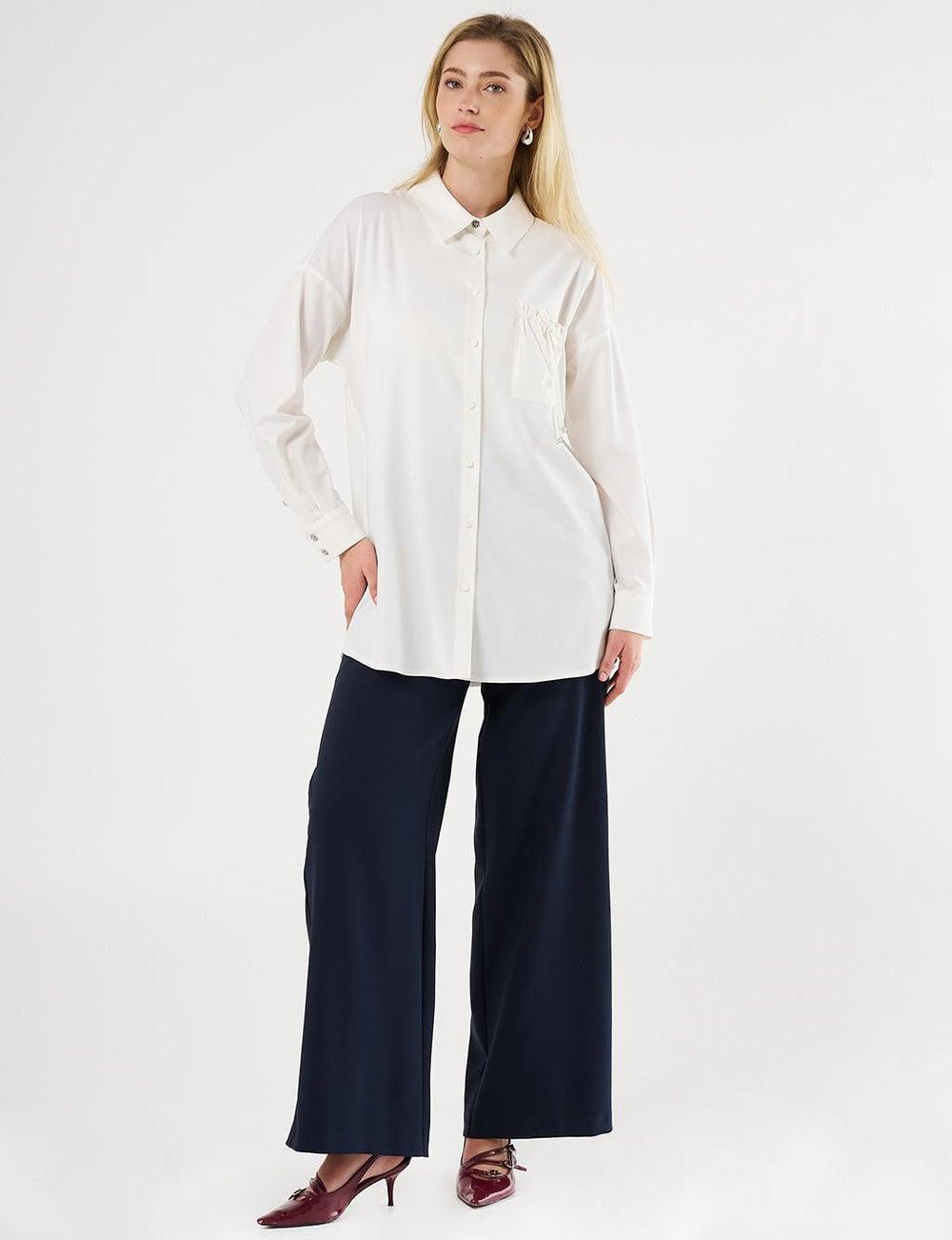 Ecru Lace-Up Back Shirt Collar Tunic 78 cm - Image 1