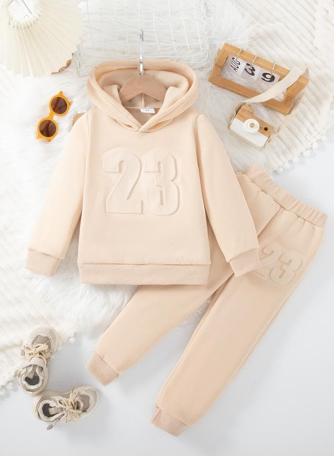 Beige Embossed Detail Hoodie Jogger Tracksuit Set - Image 1