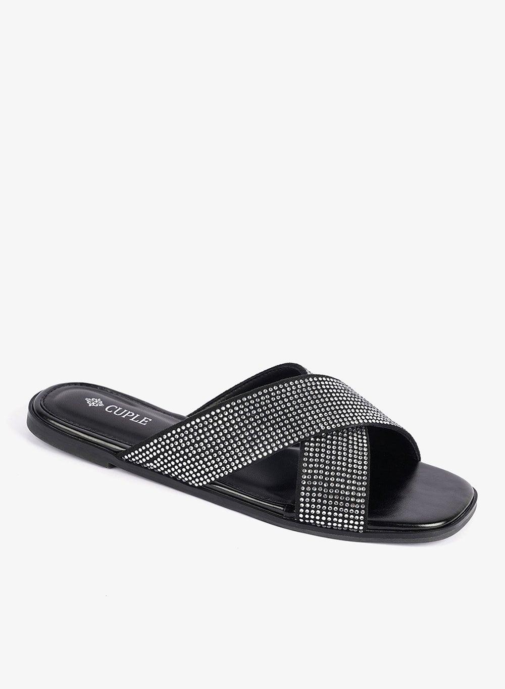 Women's Crisscross Embellished Strap Slide Sandals - Image 1