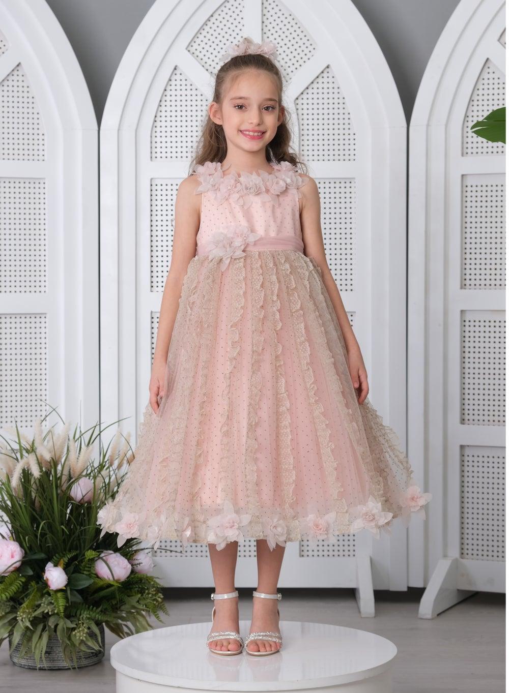Blush Floral Tulle Girls Dress with Lace Trim - Image 1