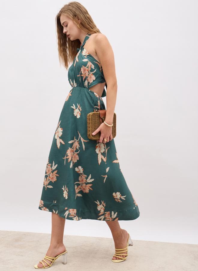 Green Floral Halter Midi Dress with Side Cutouts - Image 1