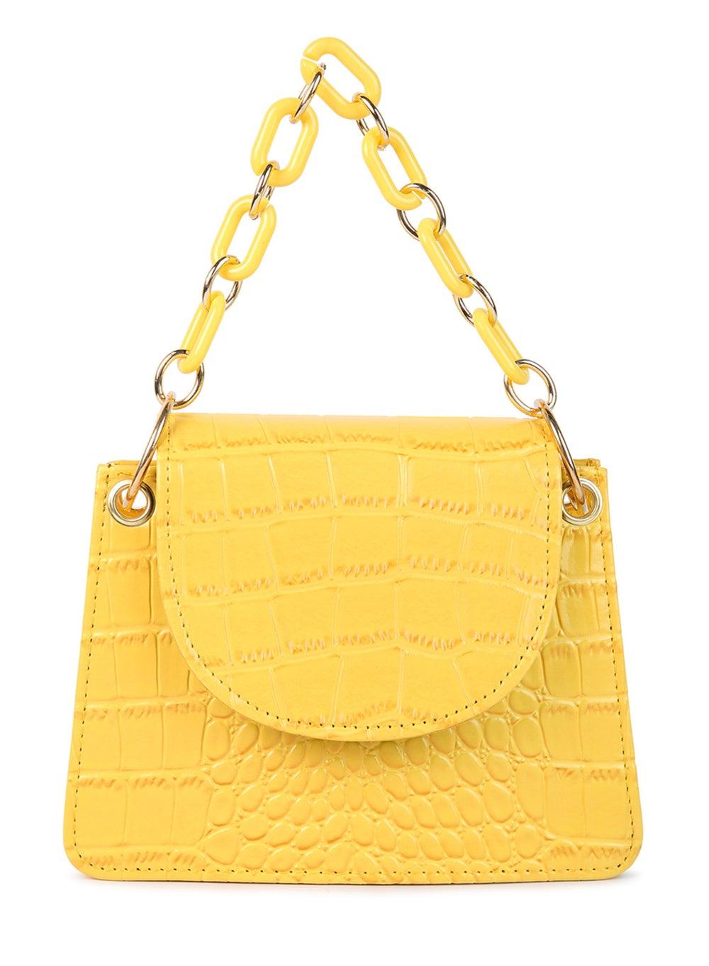 Mustard Croc Textured Crossbody Sling Bag with Chain - Image 1