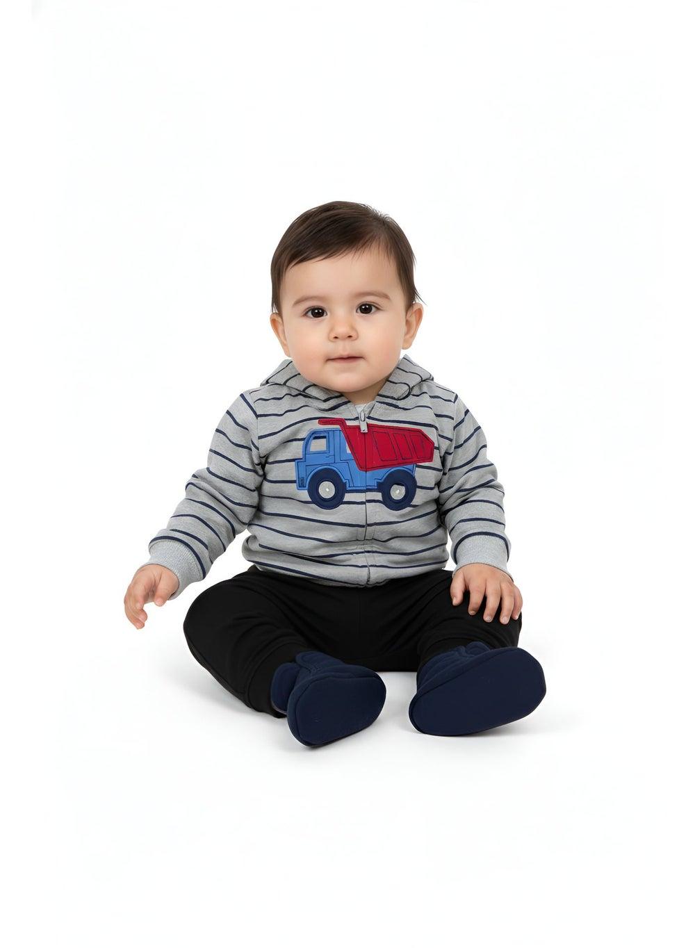 Bambimici Vehicle Print Striped Hoodie - Grey - Image 1