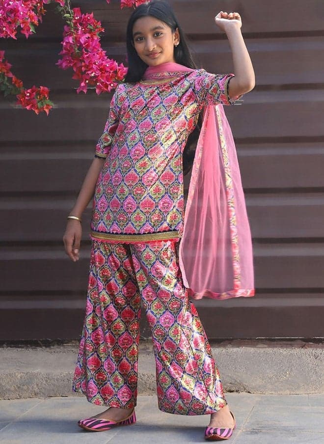 Floral Printed Velvet Kurti Set for Girls - Image 1