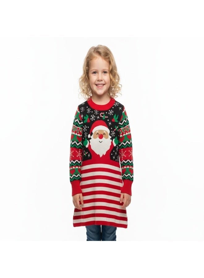 Santa Face Striped Knit Christmas Dress - Image 1