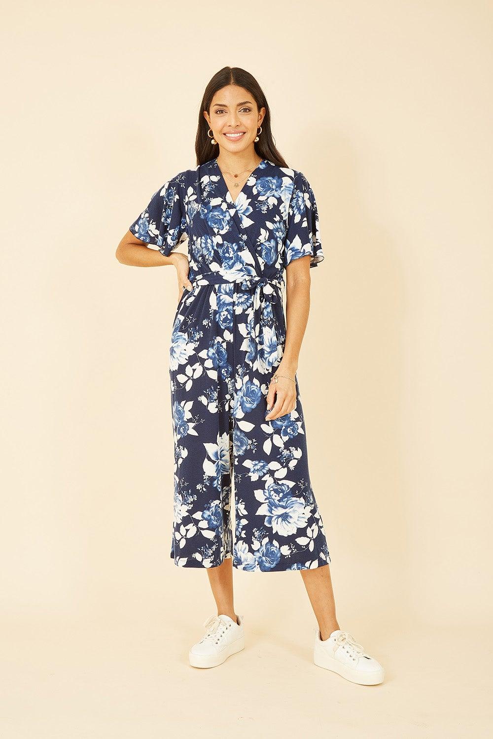 Navy Rose Print Culotte Jumpsuit with Angel Sleeves - Image 1