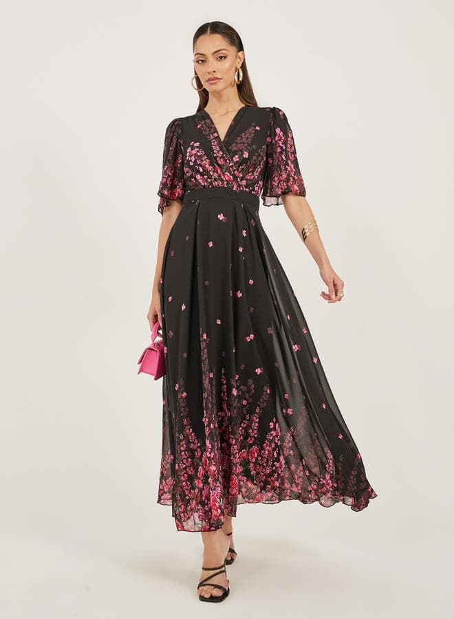 Floral Print A-Line Maxi Dress with Flared Sleeves - Image 1