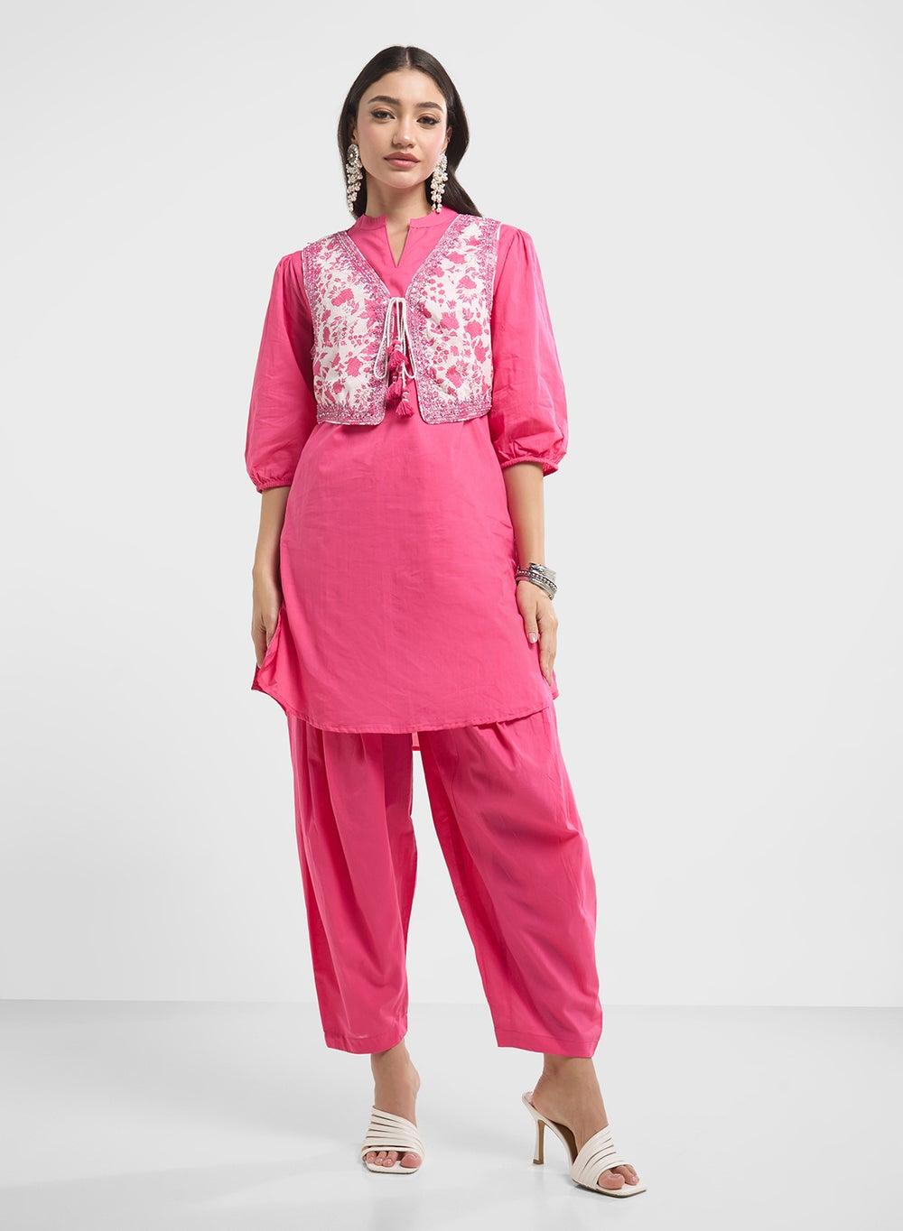 Pink Embroidered Kurta Salwar Set with Jacket - Image 1
