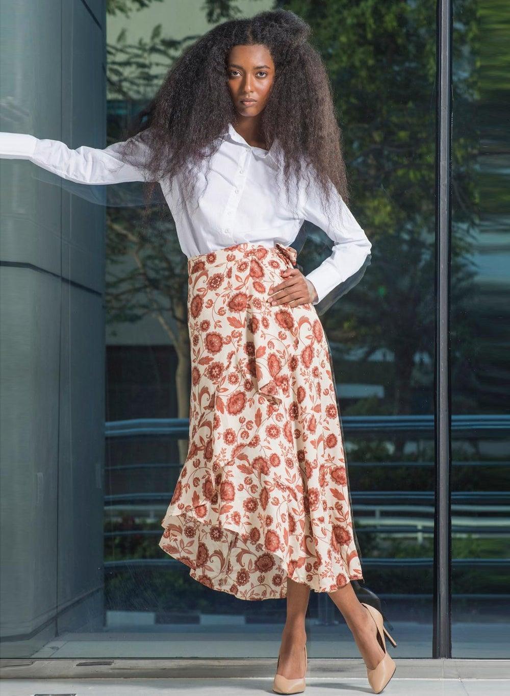 Floral Viscose Wrap Skirt with Asymmetric Ruffle Hem - Image 1