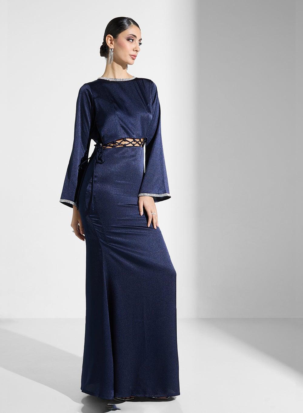Navy Laced Waist Maxi Dress with Bell Sleeves - Image 1