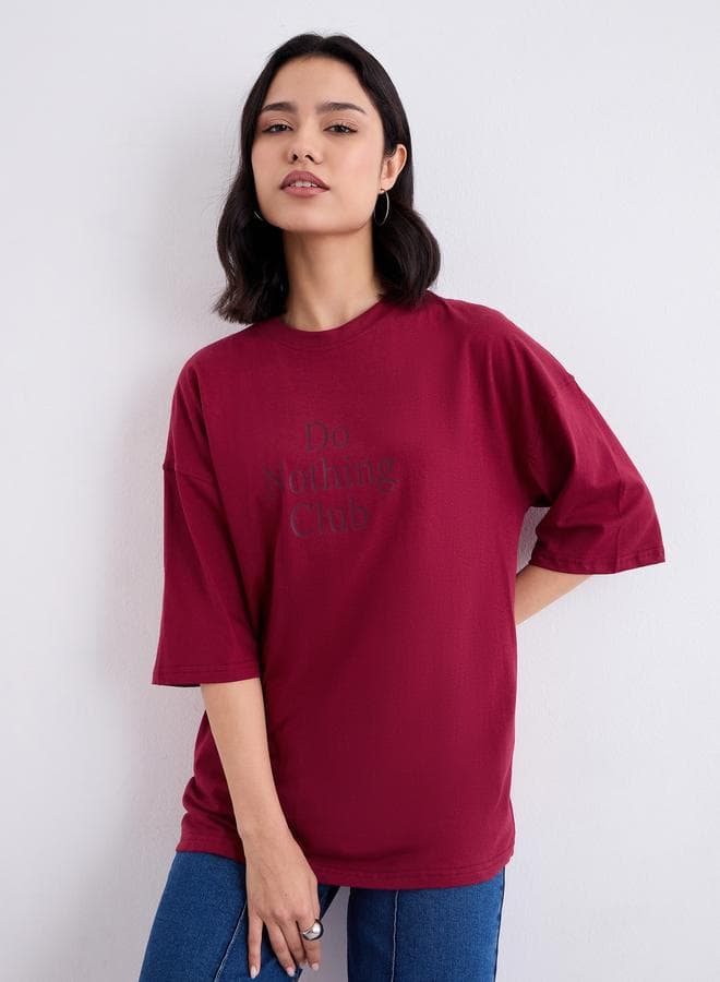 Oversized Longline Slogan Print T-Shirt - Image 1