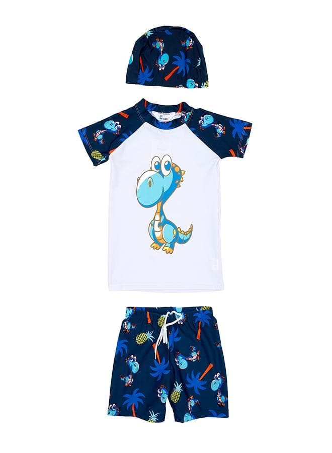 Blue Dino 3-Piece Boys Swimsuit Set with Cap - Image 1