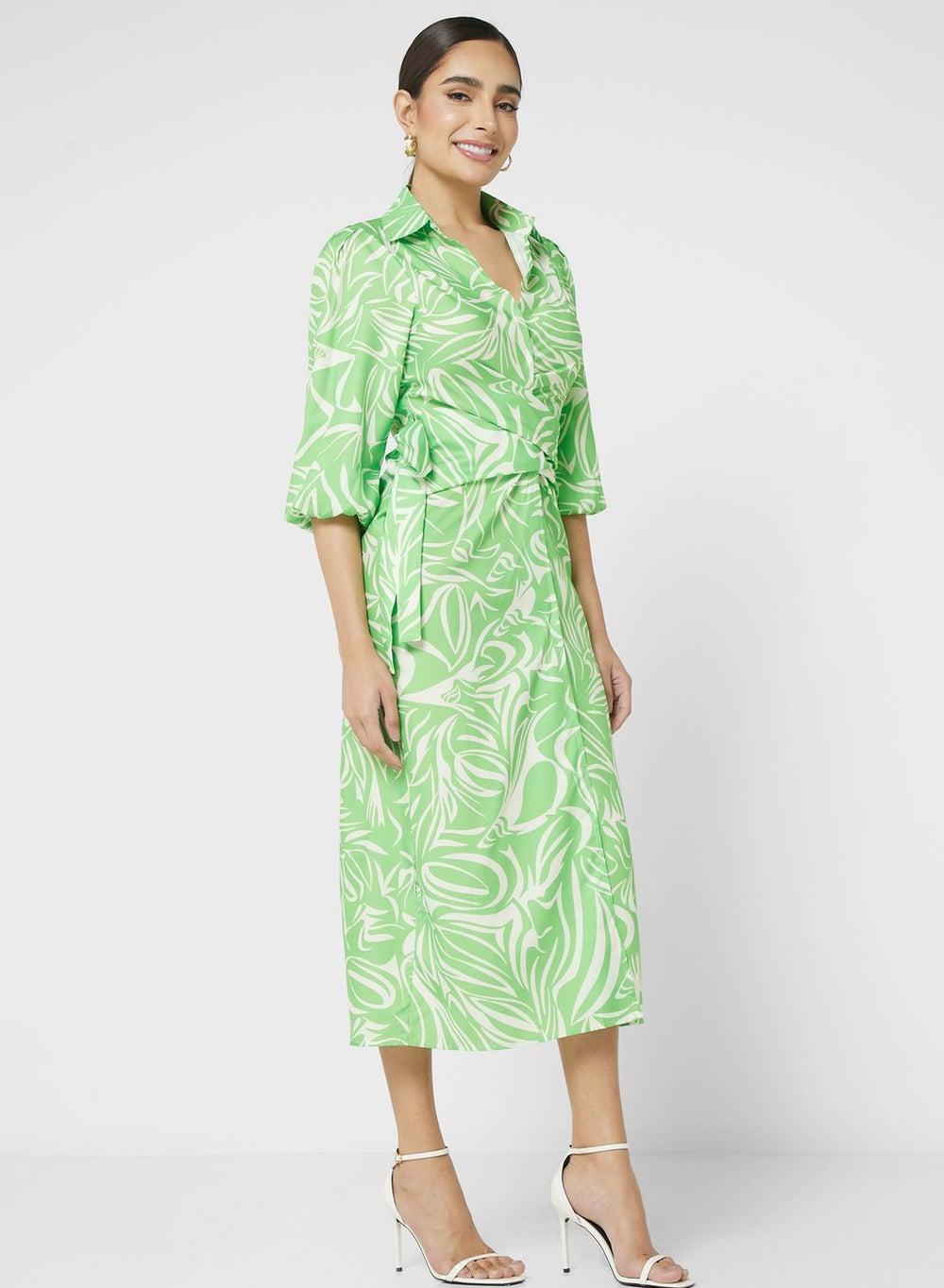 Green Floral Midi Dress with Tie Waist Elegance - Image 1
