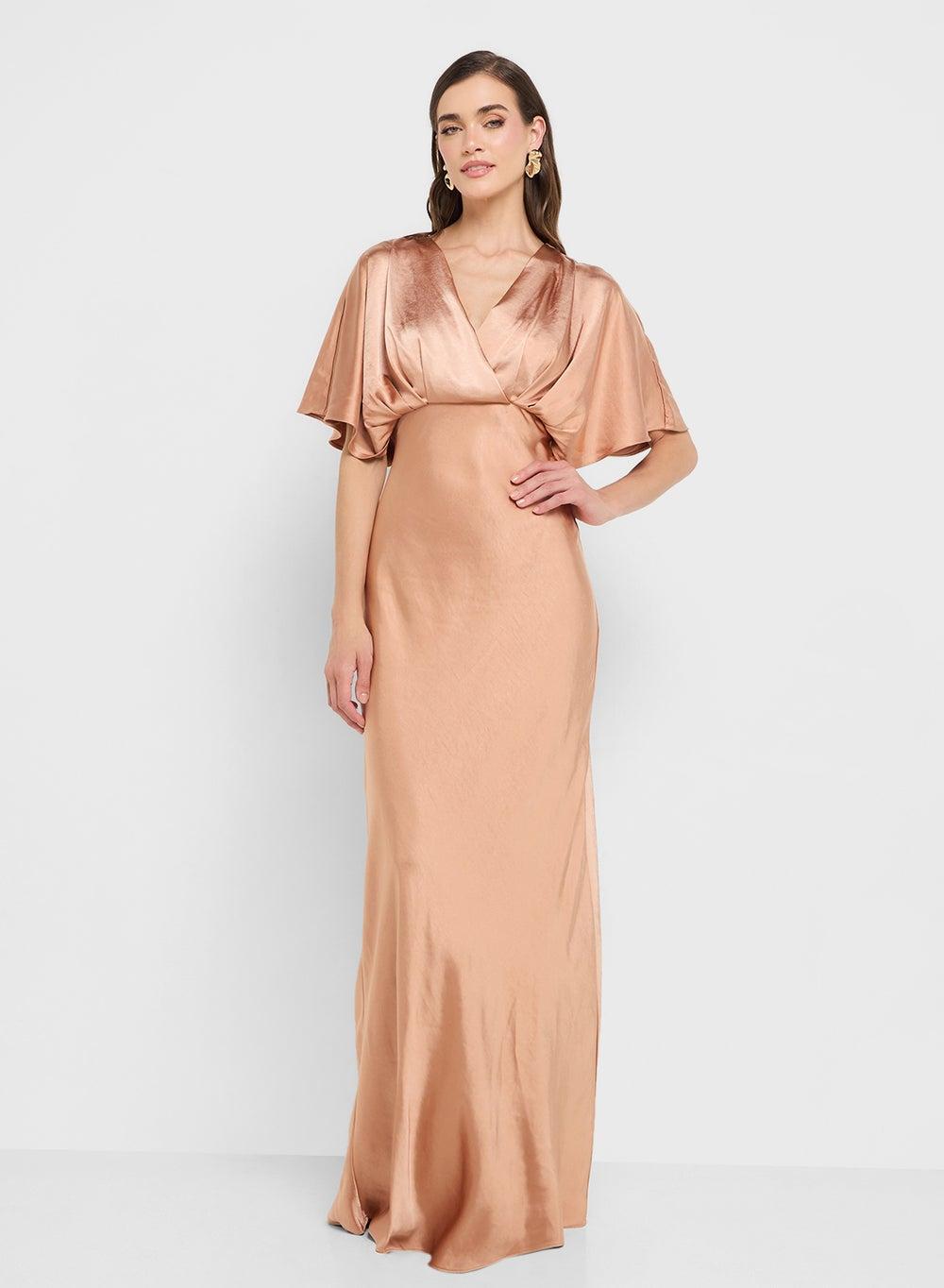 Coral Satin Kimono Sleeve Maxi Dress - Image 1