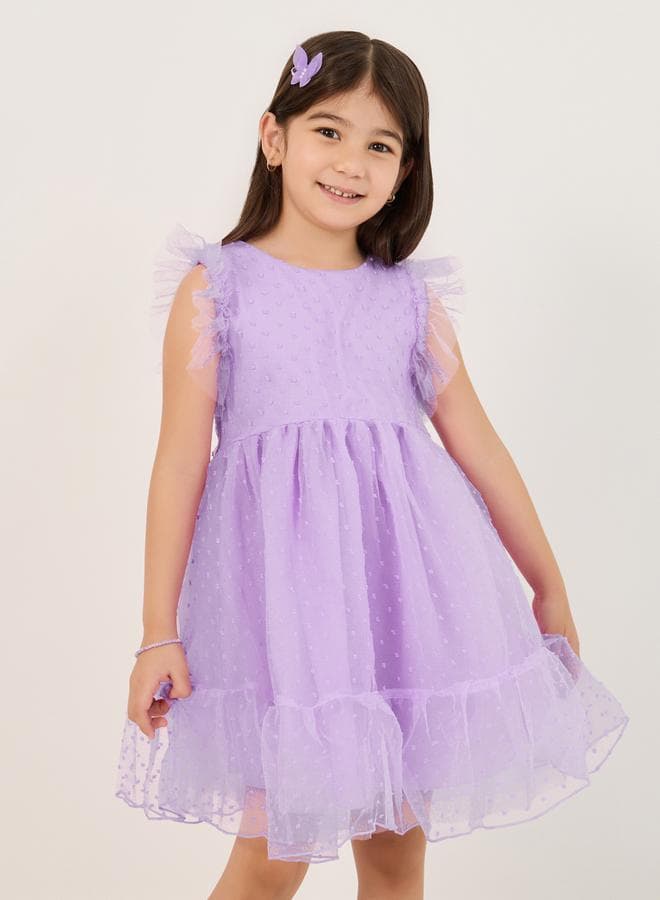 Lavender Mesh Insert Ruffle Hem Girls Dress - Image 1