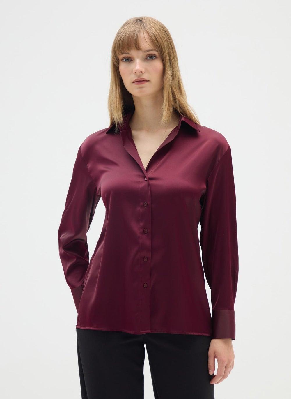 Red Satin Stretch Shirt with Classic Collar - Image 1