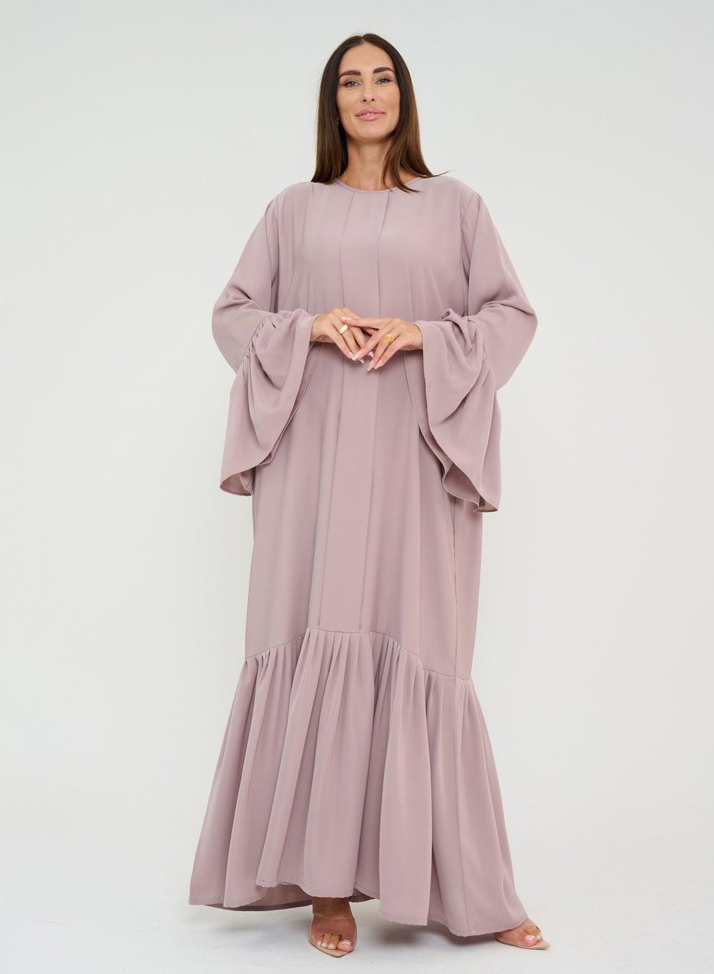 Elegant Beige Pleated Abaya with Modern Design - Image 1