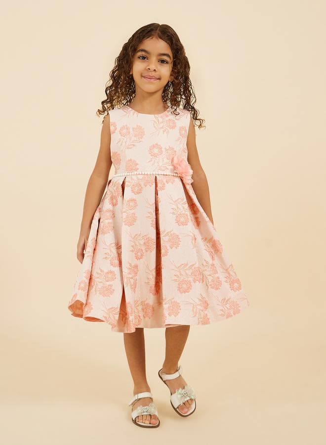 Peach Floral Jacquard Dress with Pearl Belt - Image 1