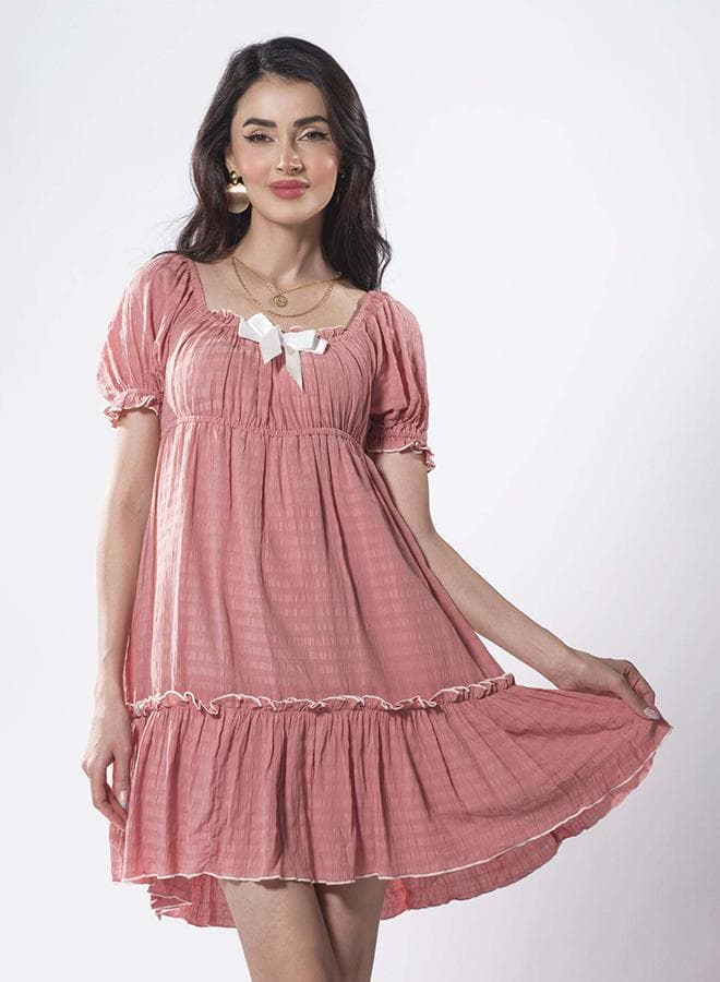 Pink Viscose Ruffled Bow Mini Dress - Image 1