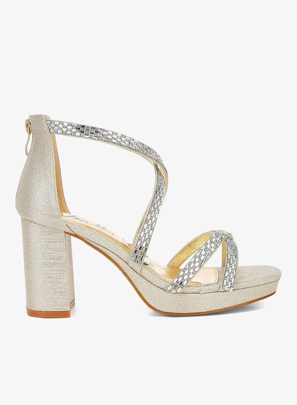 Gold Rhinestone Strappy Block Heel Sandals - Image 1
