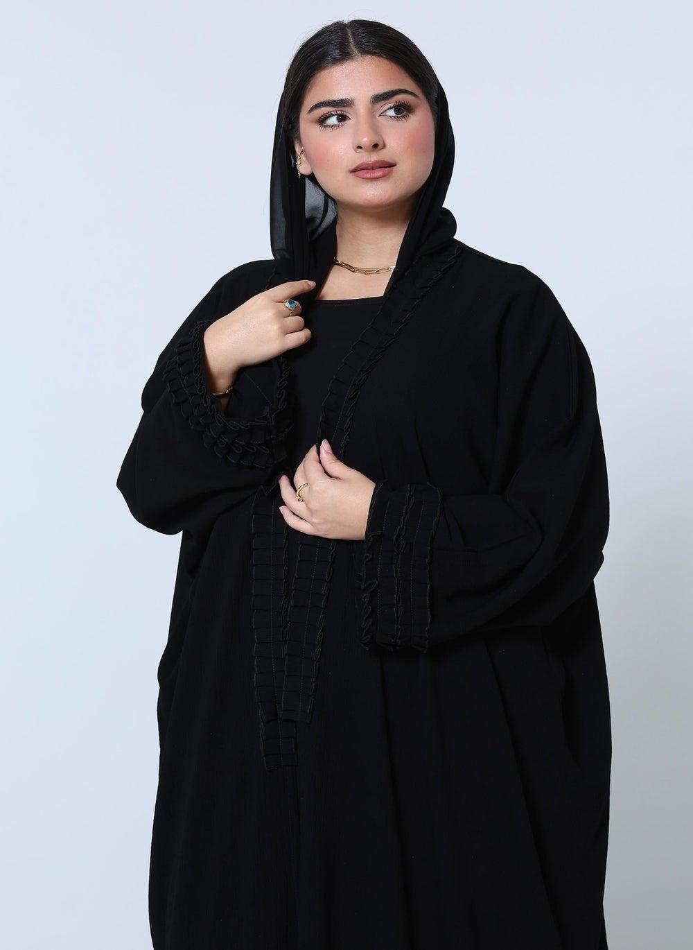 Black Crepe Bisht Style Abaya with Matching Scarf - Image 1