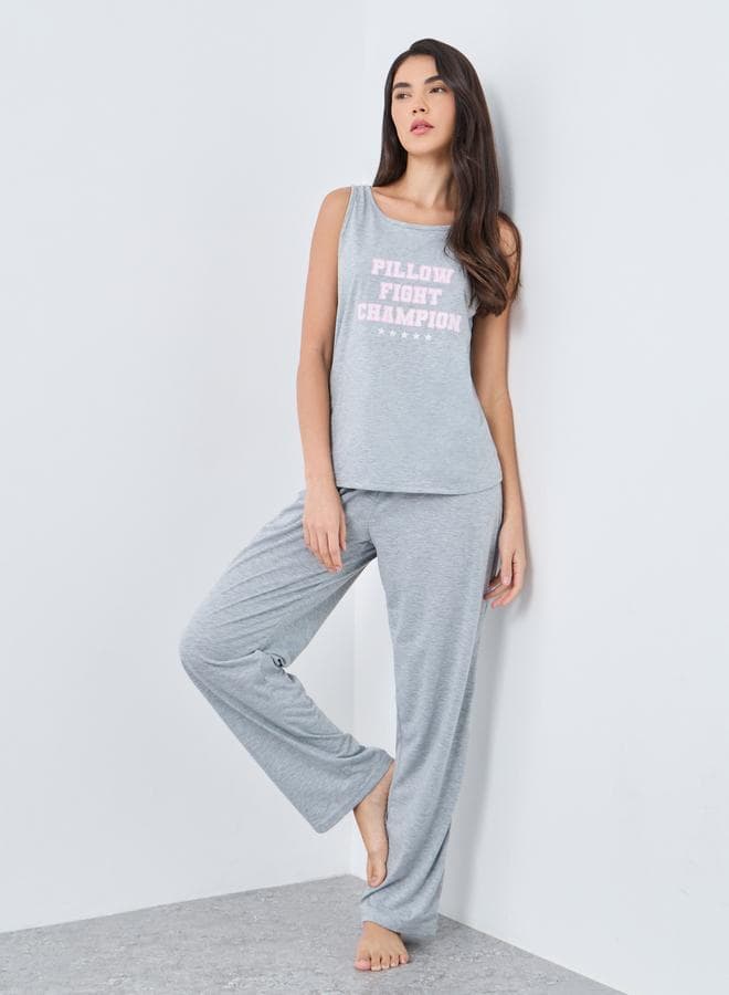 Pillow Fight Slogan Tank Ruffle Waist Pyjama Set - Image 1