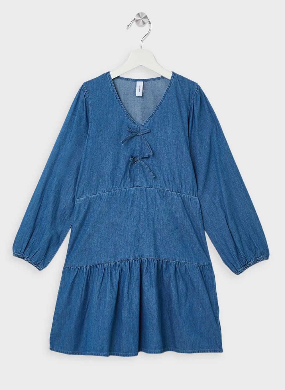 Girls Denim Tiered Dress with Tie V-Neck - Image 1