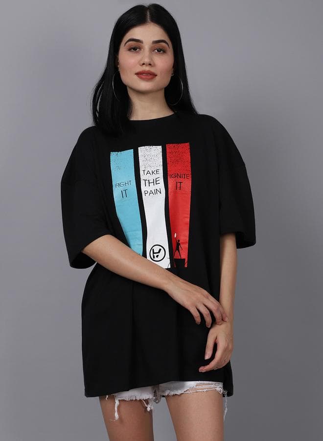 Door74 Black Oversized Graphic Print T-Shirt for Women - Image 1