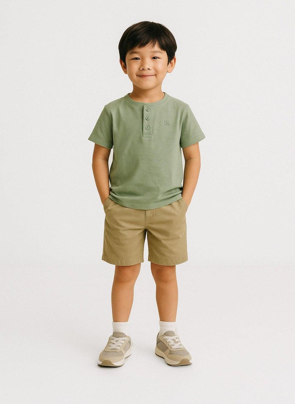 Boys Henley T-Shirt Button Neck Khaki - Image 1