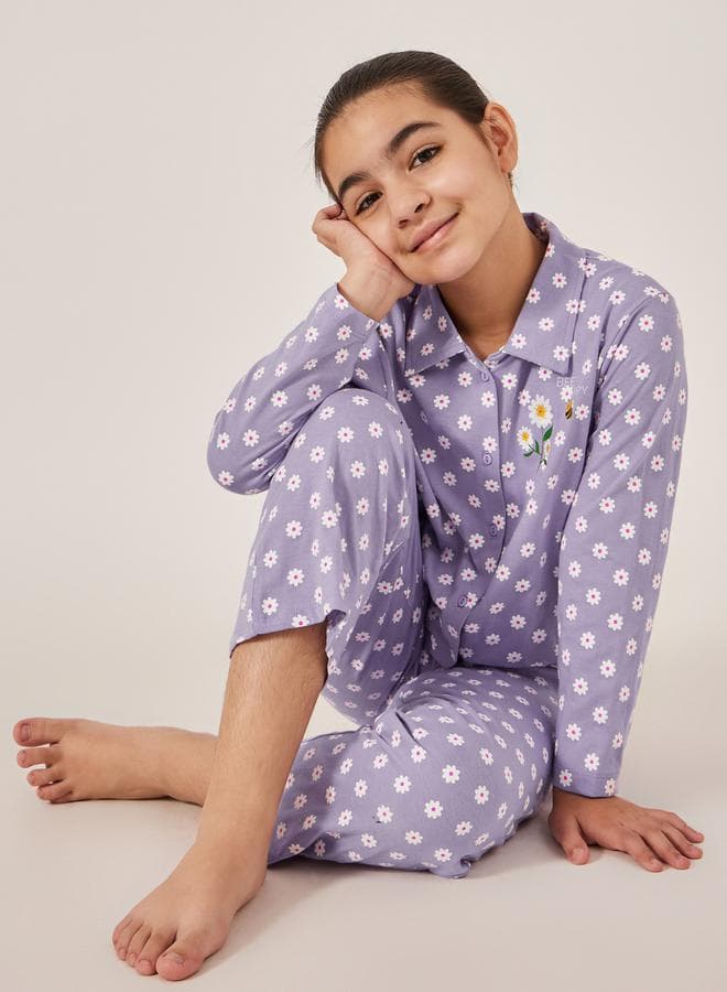 All-Over Daisy Print Girls Pyjama Shirt Set - Image 1
