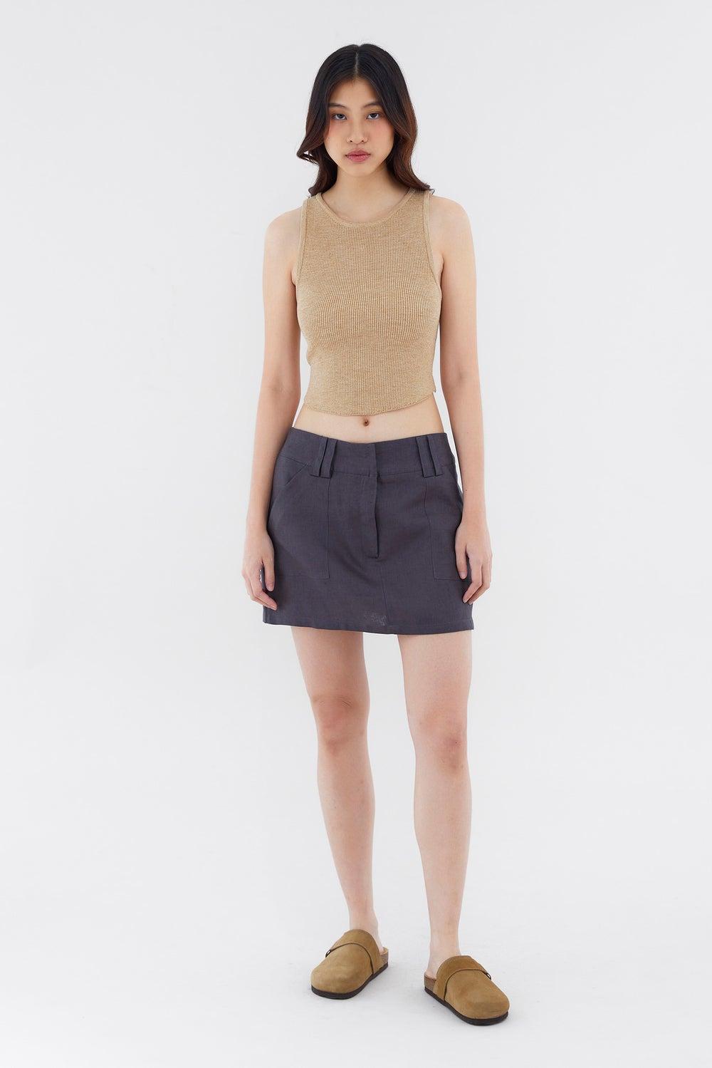 Vanrell Dark Grey Linen Low-Rise Mini Skirt - Image 1
