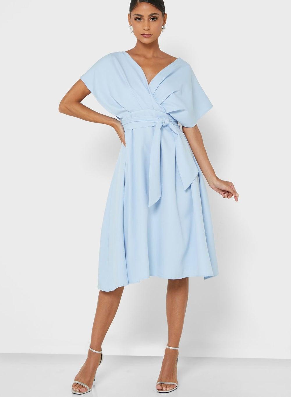 Powder Blue V-Neck Midi Dress with Tie Waist - Image 1