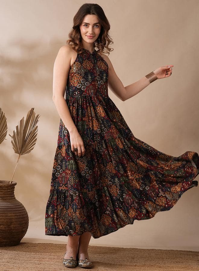 Globus Women Printed Collared Tiered Maxi Dress Button Front - Image 1