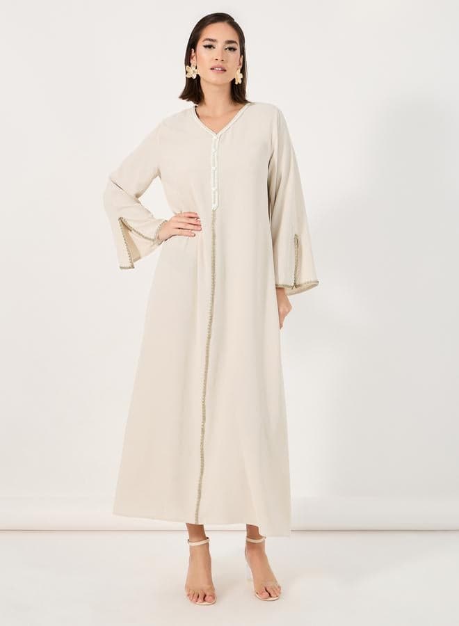 Cream Crepe Jalabiya with Elegant Lace Detail - Image 1