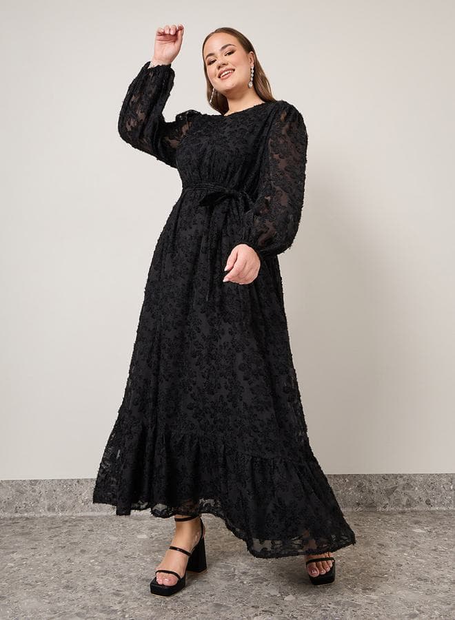 Textured Black Maxi Dress with Tie Waist Detail - Image 1