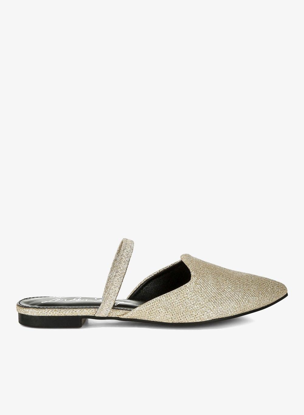 Gold Glitter Faux Leather Pointed Toe Flat Mules - Image 1