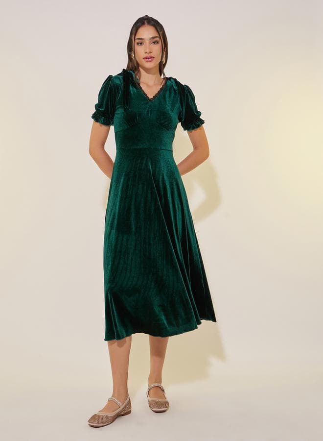 Emerald Velvet V-Neck A-Line Midi Dress - Image 1