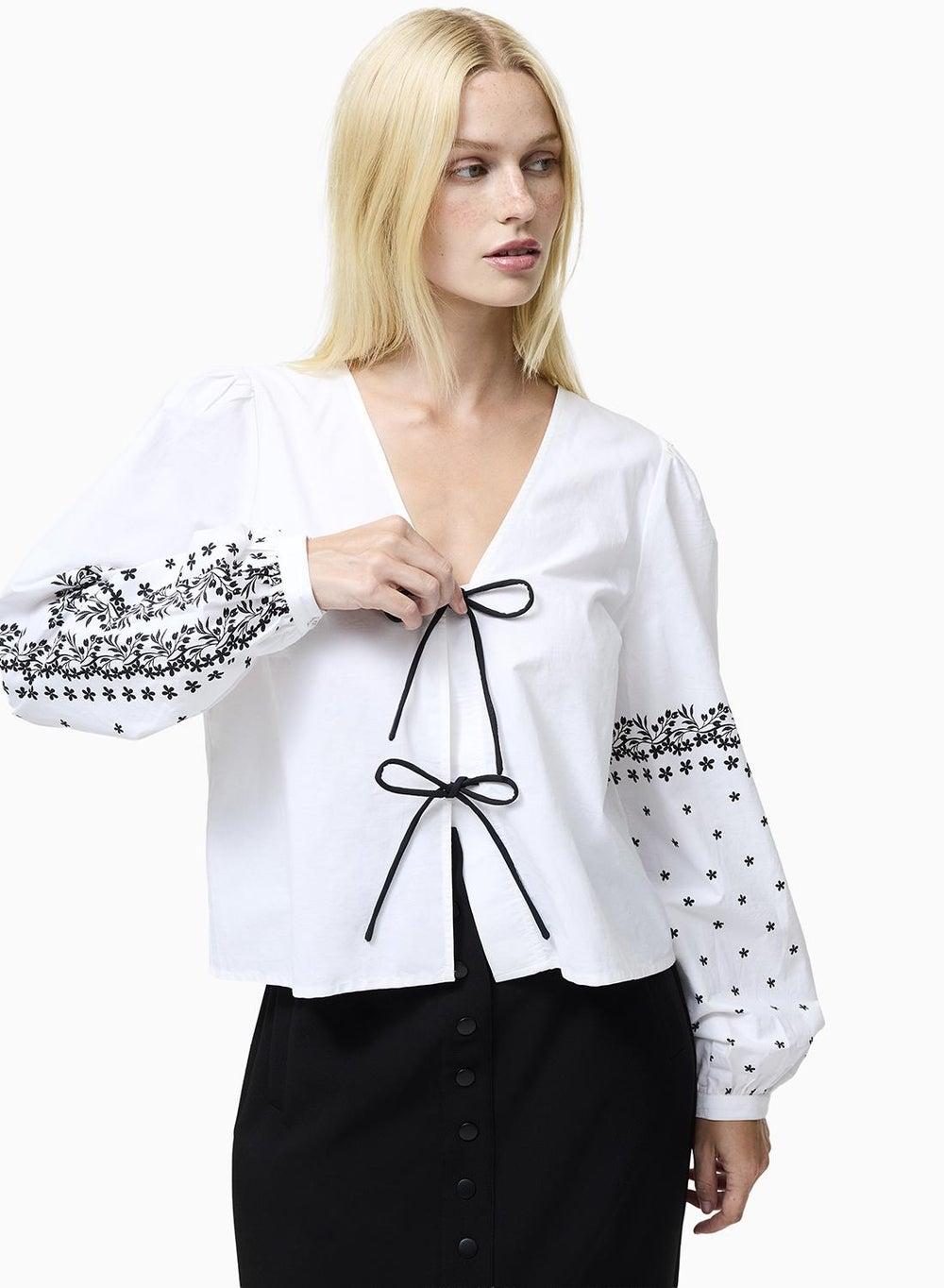 Cambria Cotton Floral Sleeve Tie-Up Shirt - Image 1