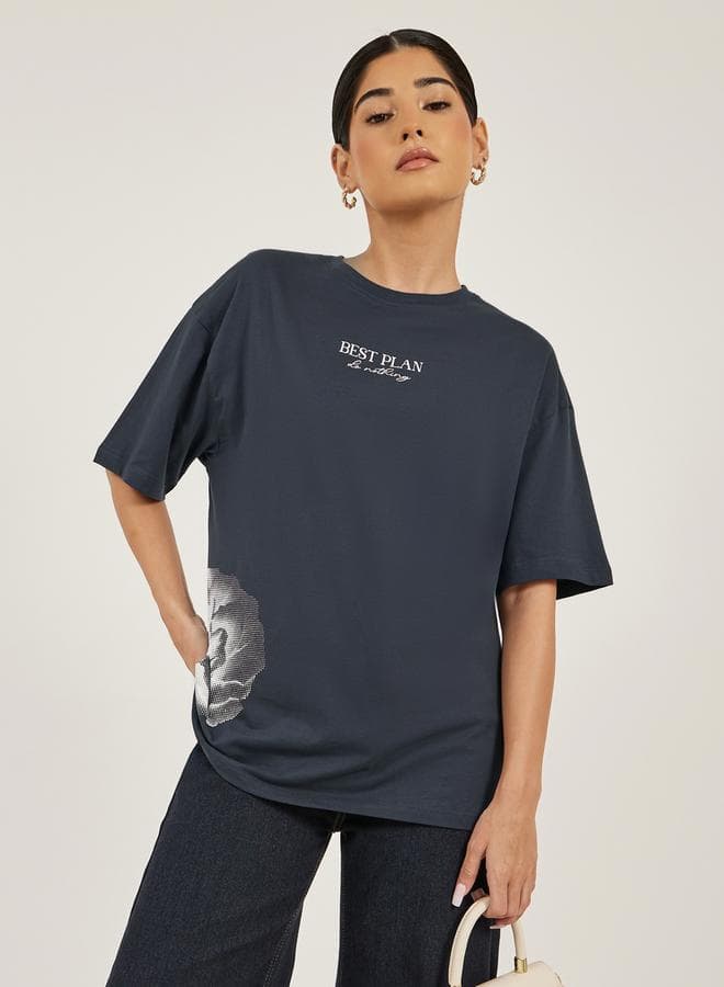 Styli Slogan Print Oversized Round Neck T-Shirt - Image 1