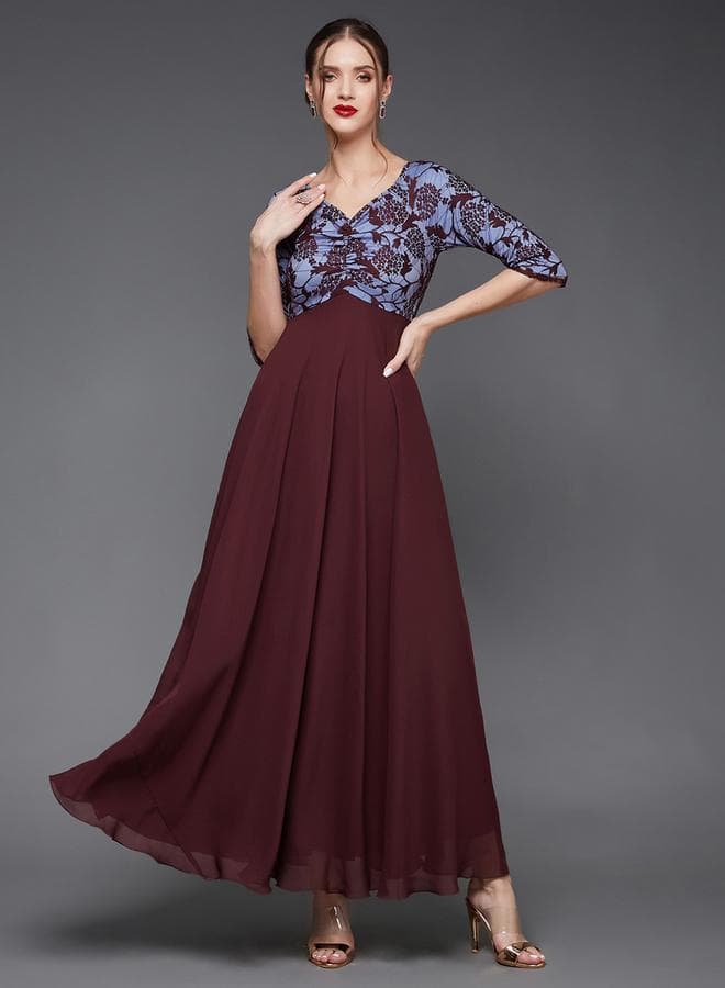 Floral Bodice Burgundy Maxi Dress with Pleated Skirt - Image 1