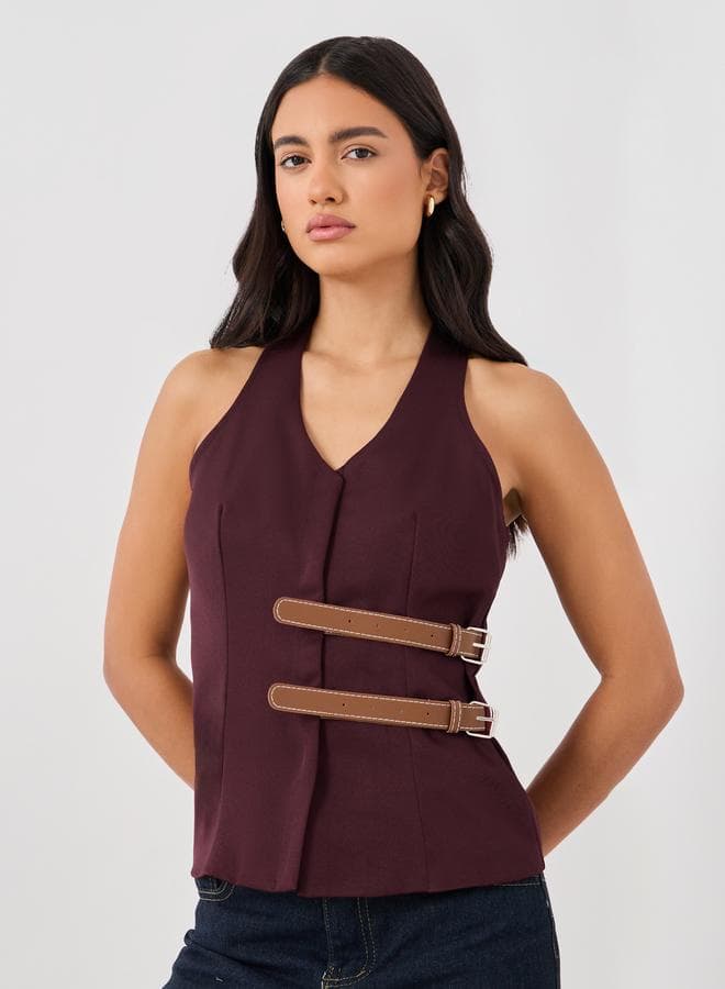 V-Neck Waistcoat with Faux Leather Double Belt Detail - Image 1