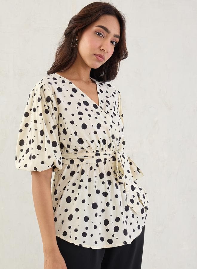Femmella Off White Polka Dot Wrap Blouse - Image 1