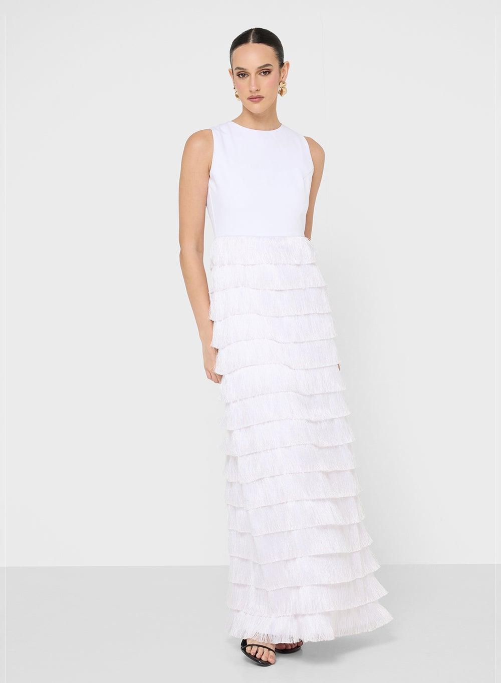 Sleeveless White Evening Dress with Layered Textured Skirt - Image 1