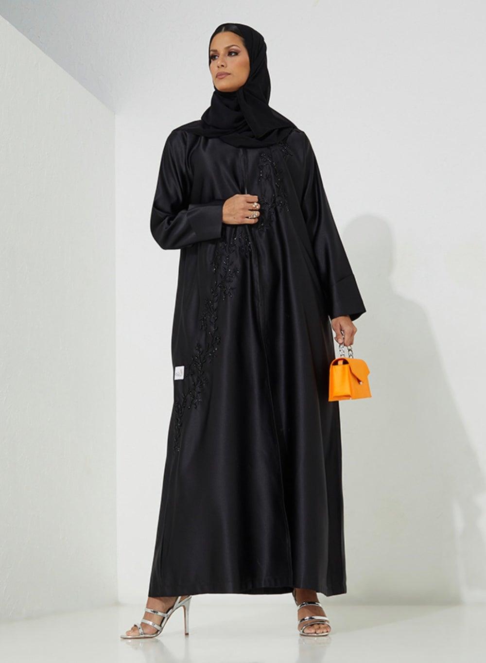 Elegant Black Embroidered Abaya with Leaf Detailing - Image 1